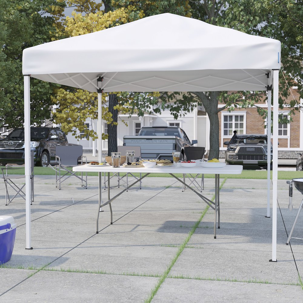 8'x8' White Event Canopy Tent with Carry Bag and 6-Foot Bi-Fold Folding Table