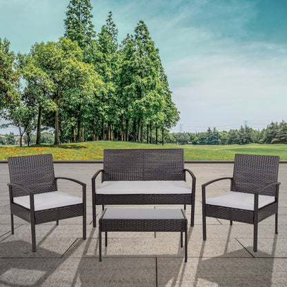 4 Piece Black Patio Set with Steel Frame and Gray Cushions