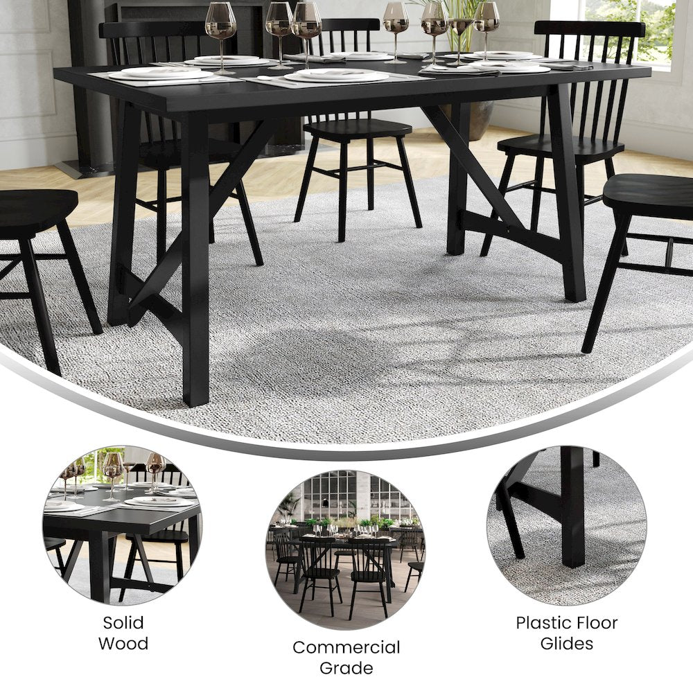 Traditional Style 60 Inch Dining Table for 6 with Trestle Base, Black Matte