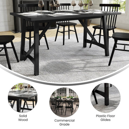 Traditional Style 60 Inch Dining Table for 6 with Trestle Base, Black Matte