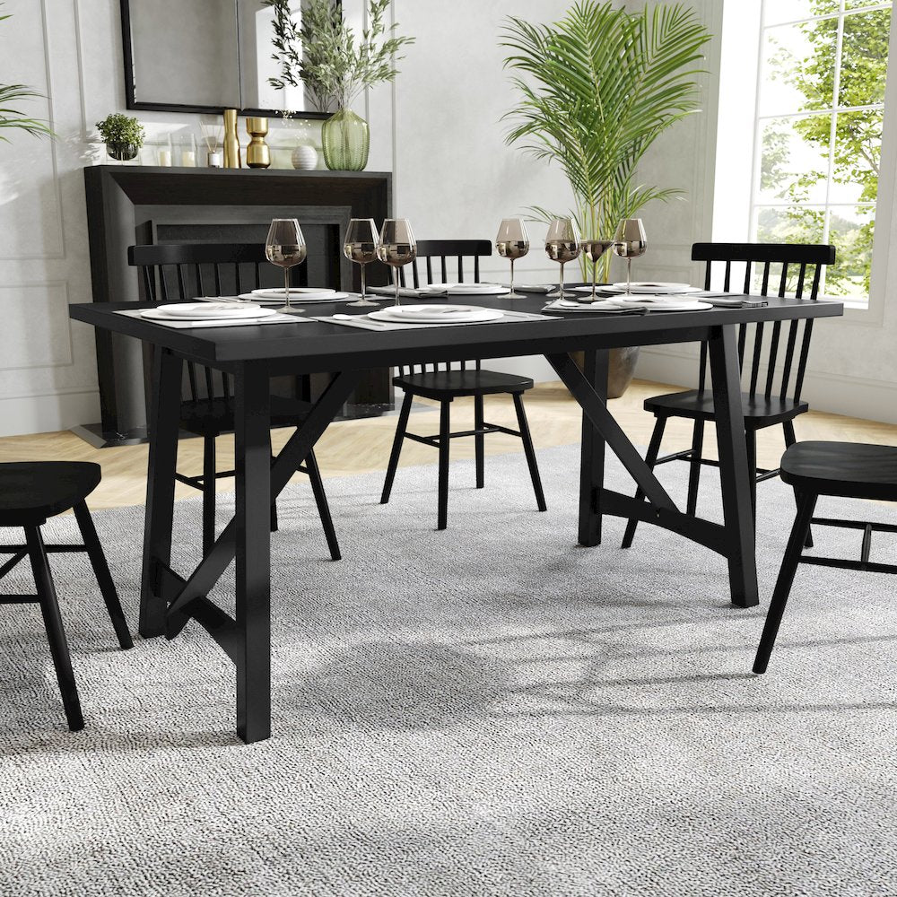 Traditional Style 60 Inch Dining Table for 6 with Trestle Base, Black Matte
