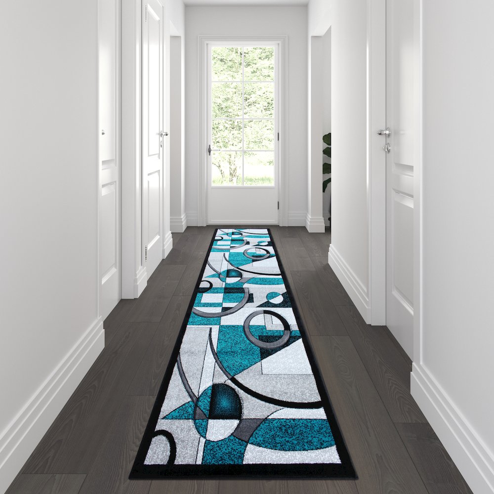 3' x 10' Turquoise Geometric Abstract Area Rug - Olefin Rug