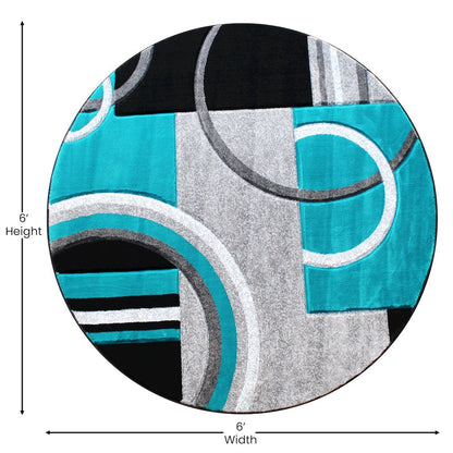Round 5' x 5' Turquoise Abstract Area Rug - Olefin Rug
