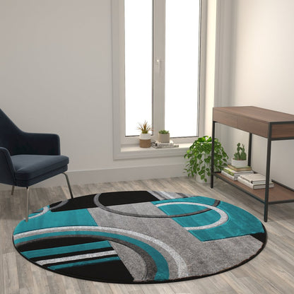 Round 5' x 5' Turquoise Abstract Area Rug - Olefin Rug