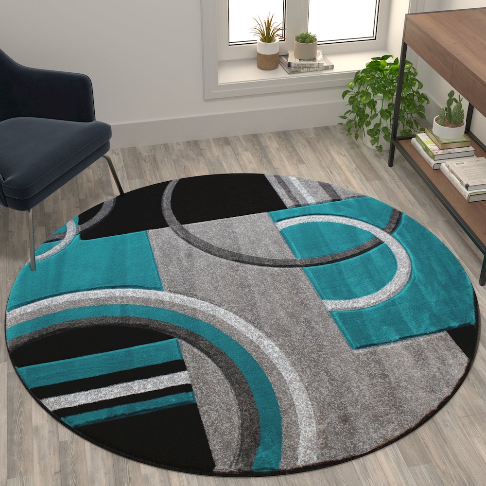 Round 5' x 5' Turquoise Abstract Area Rug - Olefin Rug