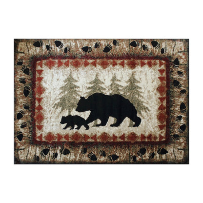 4' x 5' Rustic Lodge Wandering Black Bear and Cub Area Rug with Jute Backing