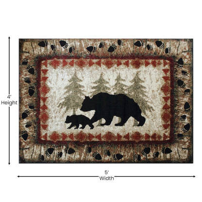 4' x 5' Rustic Lodge Wandering Black Bear and Cub Area Rug with Jute Backing