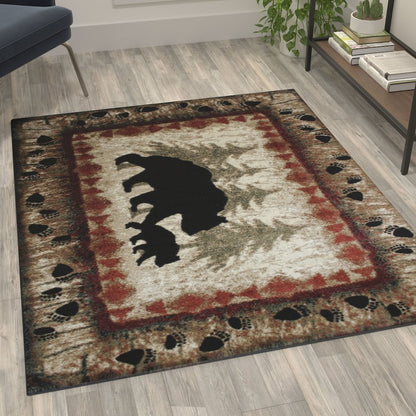 4' x 5' Rustic Lodge Wandering Black Bear and Cub Area Rug with Jute Backing