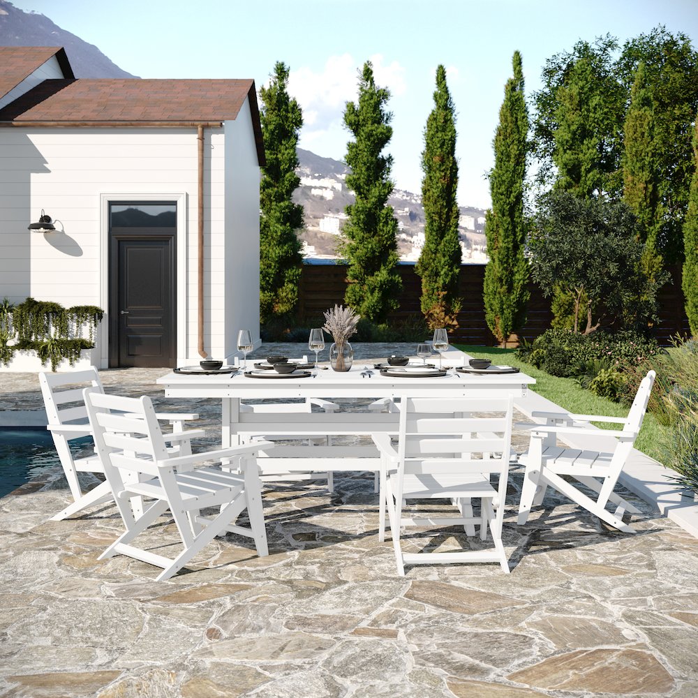Contemporary 7 Piece Commercial Grade Adirondack Dining Set, White