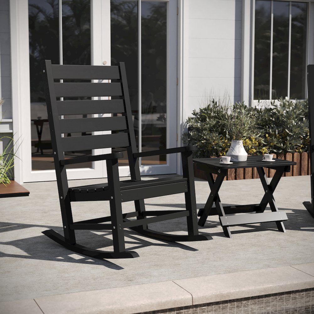 3-Piece Set with 2 Contemporary All-Weather Rocking Chairs and End Table, Black