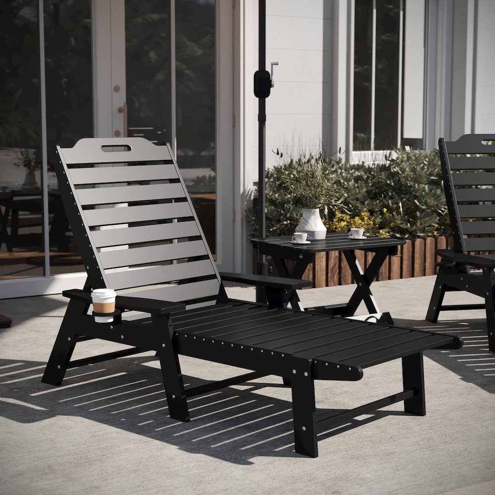 3-Piece Set with 2 Adjustable HDPE Loungers and Folding Side Table in Black