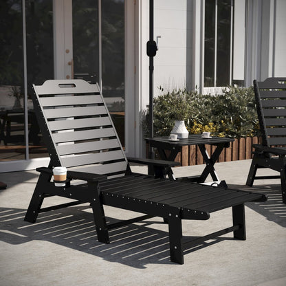 3-Piece Set with 2 Adjustable HDPE Loungers and Folding Side Table in Black