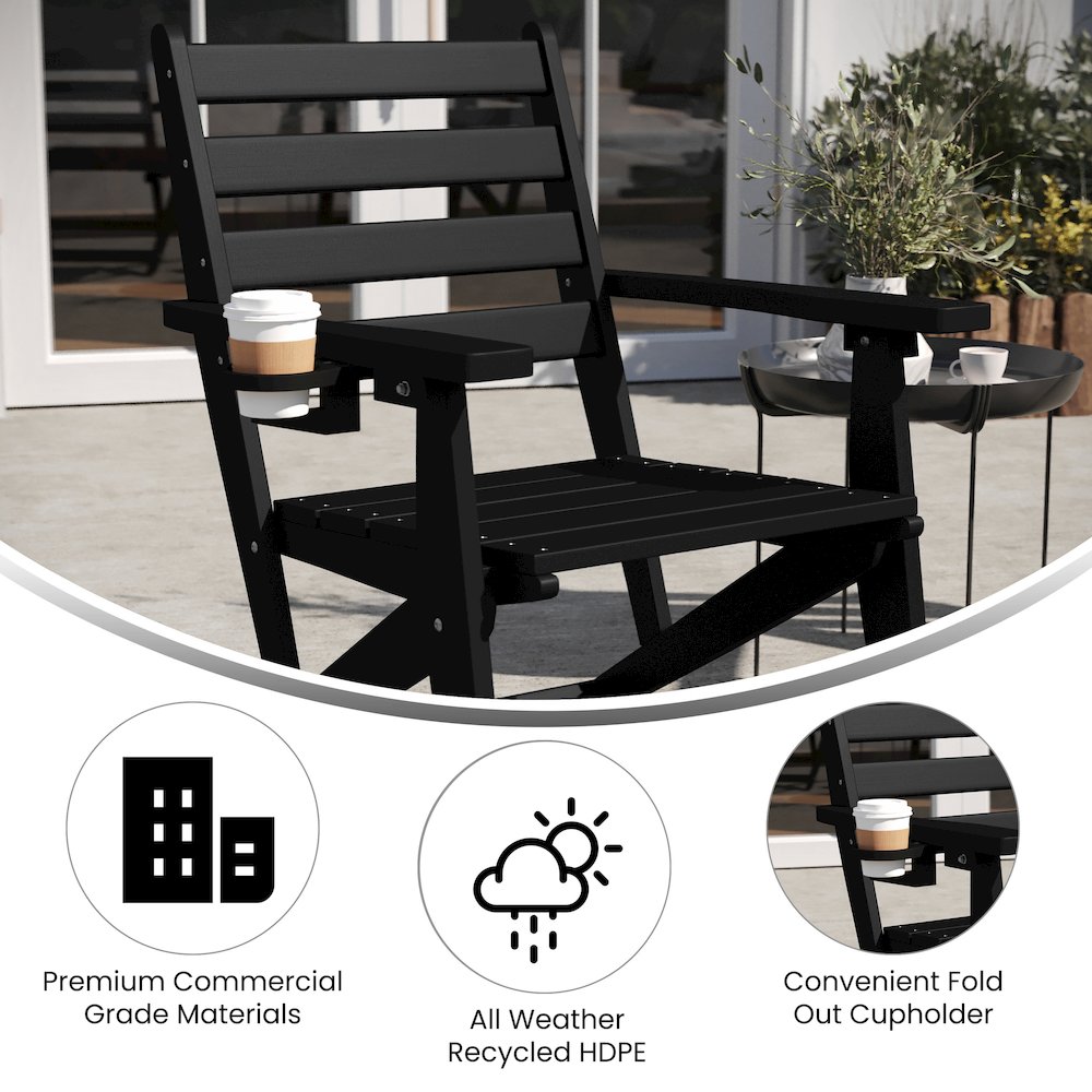 Contemporary Commercial Grade Adirondack Dining Chair with Cupholder, Black