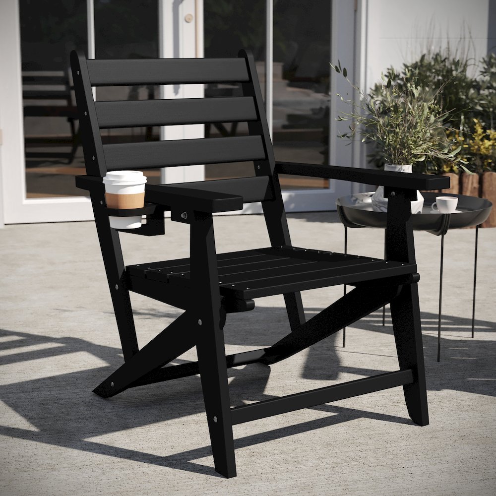 Contemporary Commercial Grade Adirondack Dining Chair with Cupholder, Black