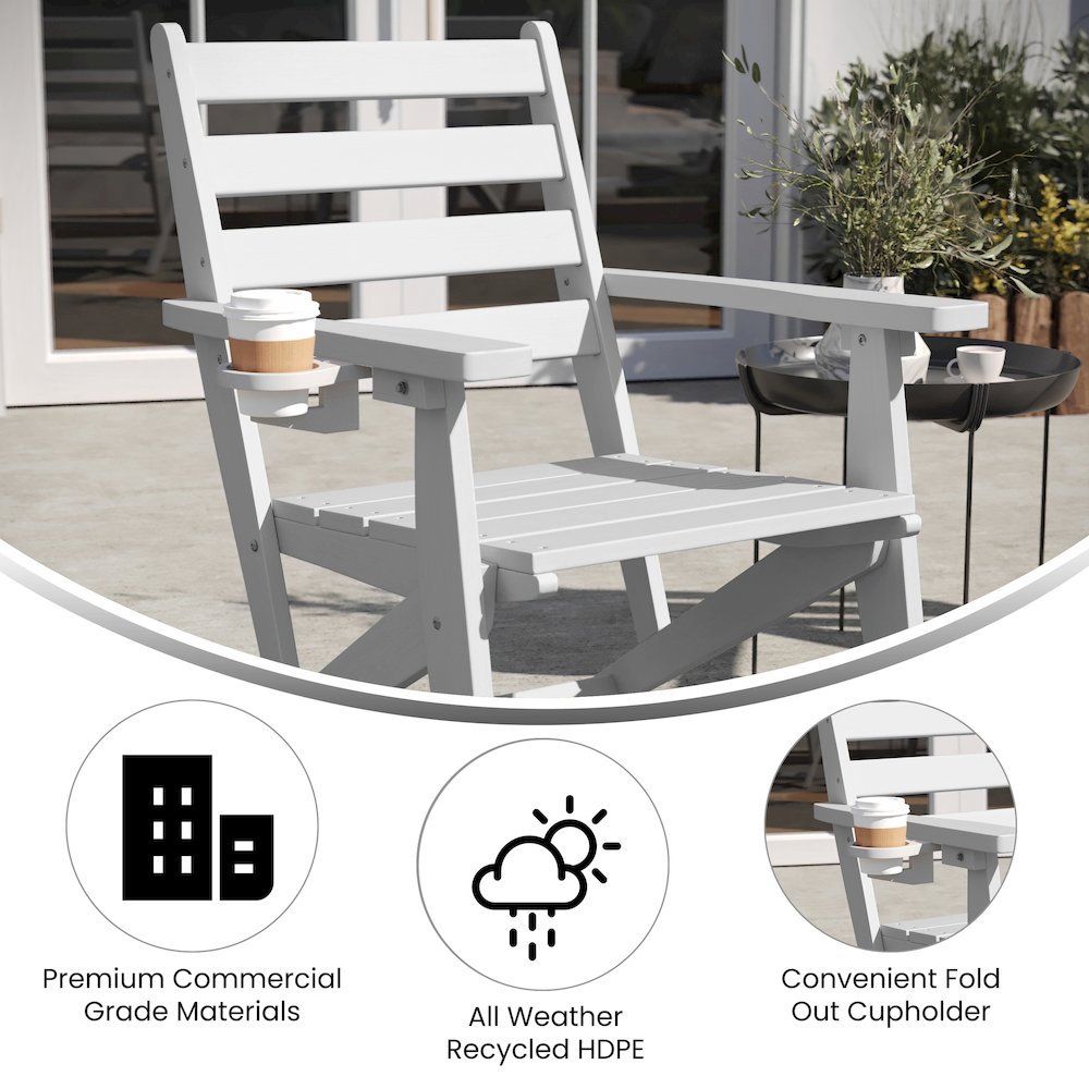 Contemporary Commercial Grade Adirondack Dining Chair with Cupholder, White