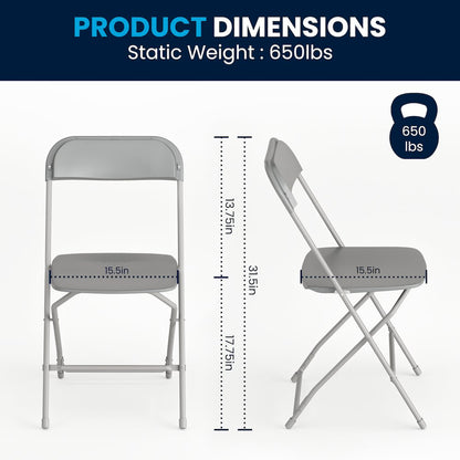 Plastic Folding Chair Grey - 2 Pack 650LB Weight Capacity