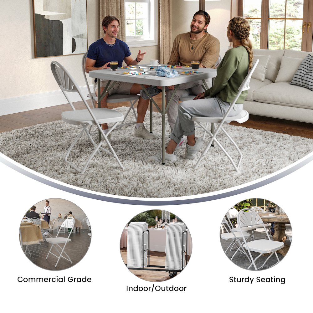 2 Pack 650 lb. Capacity White Plastic Fan Back Folding Chair