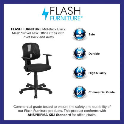 Mid-Back Black Mesh Swivel Task Office Chair with Pivot Back and Arms
