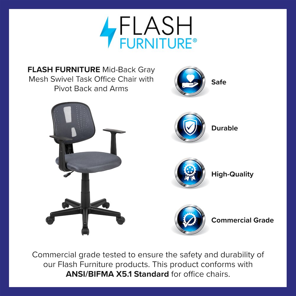 Mid-Back Gray Mesh Swivel Task Office Chair with Pivot Back and Arms