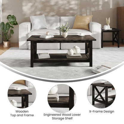Farmhouse Style Coffee Table with X-Frame Design, Dark Gray