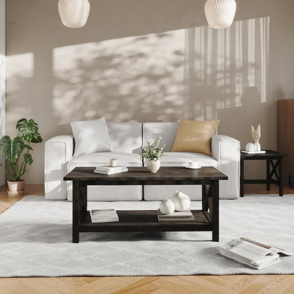 Farmhouse Style Coffee Table with X-Frame Design, Dark Gray