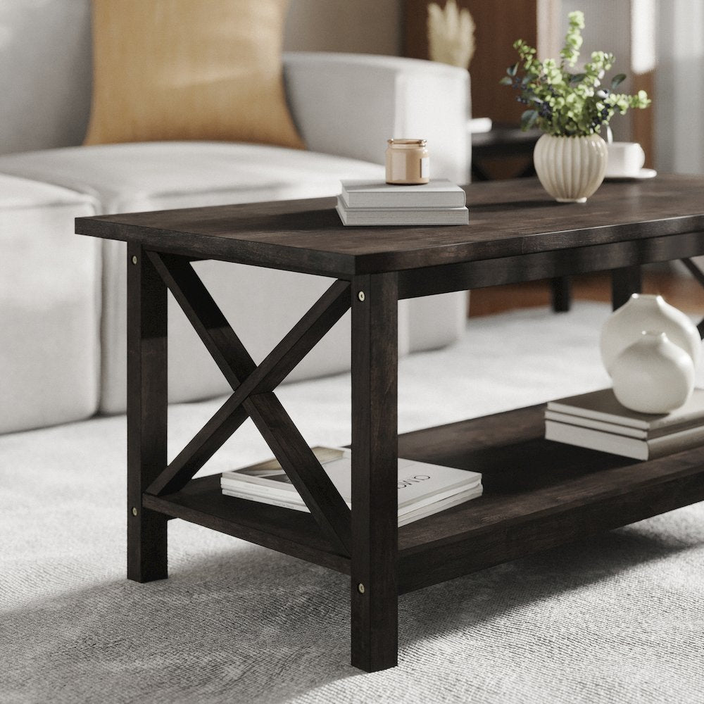 Farmhouse Style Coffee Table with X-Frame Design, Dark Gray