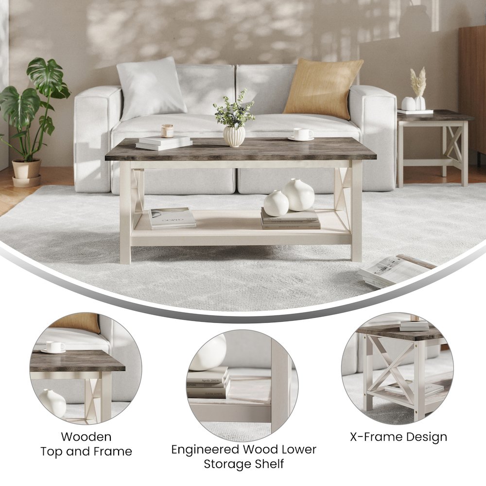 Coffee Table with X-Frame Design, Acacia Gray Top/Rustic White Frame