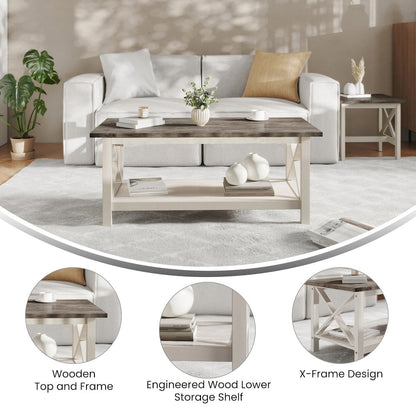 Coffee Table with X-Frame Design, Acacia Gray Top/Rustic White Frame