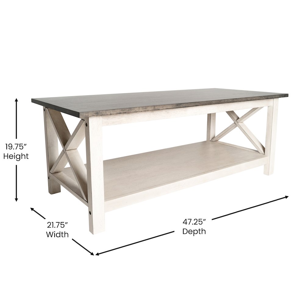 Coffee Table with X-Frame Design, Acacia Gray Top/Rustic White Frame