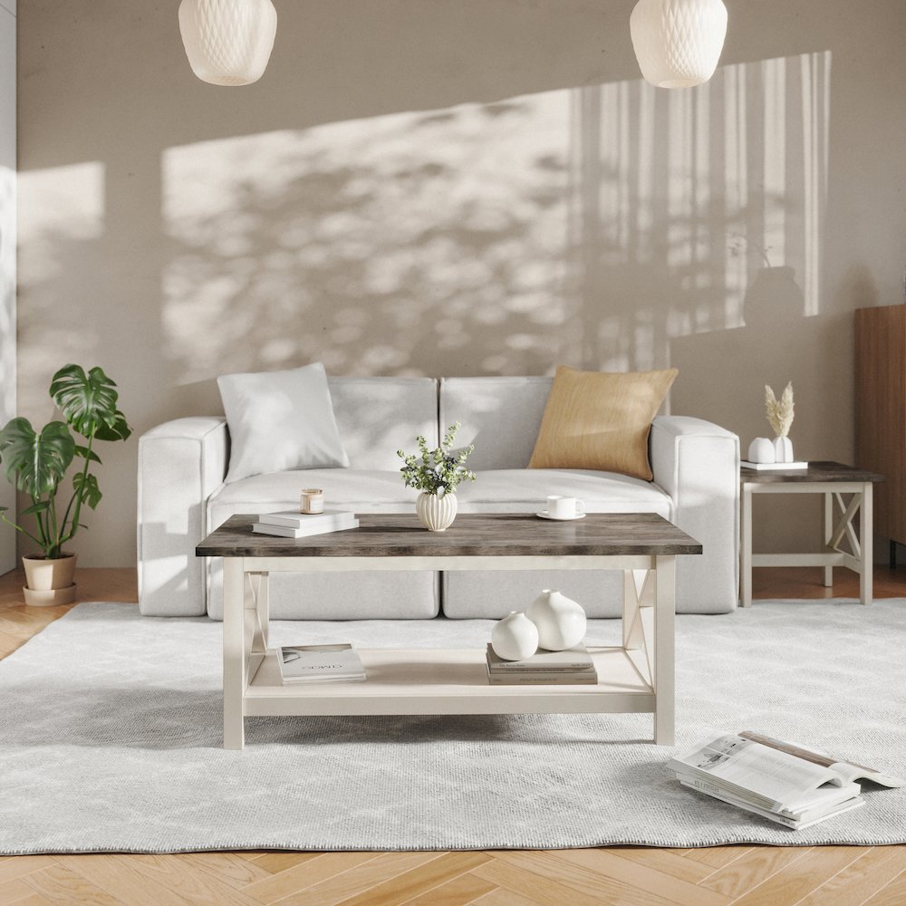 Coffee Table with X-Frame Design, Acacia Gray Top/Rustic White Frame
