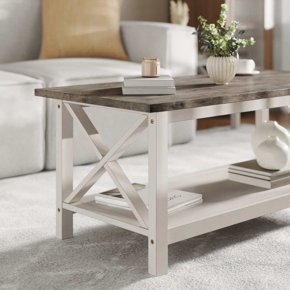Coffee Table with X-Frame Design, Acacia Gray Top/Rustic White Frame
