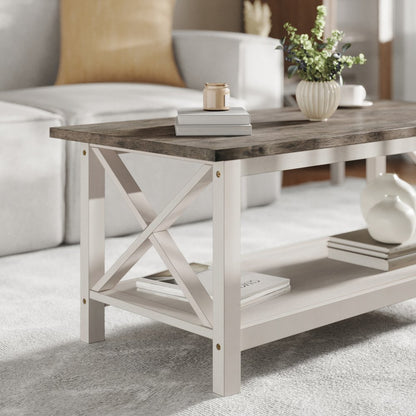 Coffee Table with X-Frame Design, Acacia Gray Top/Rustic White Frame