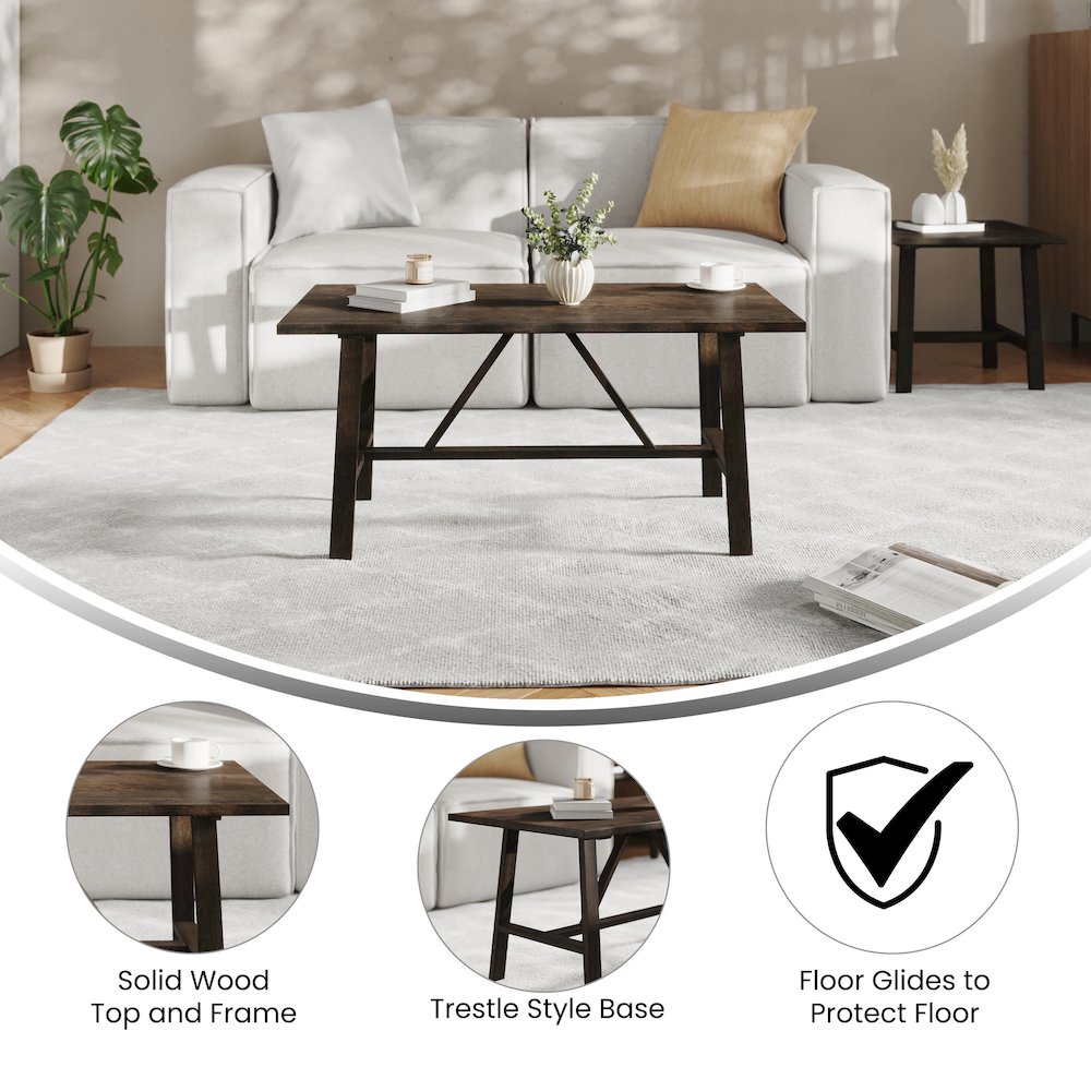 Eli Solid Wood Farmhouse Coffee Table, Trestle Style Accent Table in Dark Gray