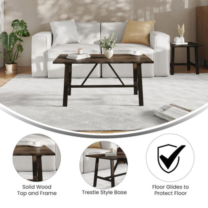 Eli Solid Wood Farmhouse Coffee Table, Trestle Style Accent Table in Dark Gray