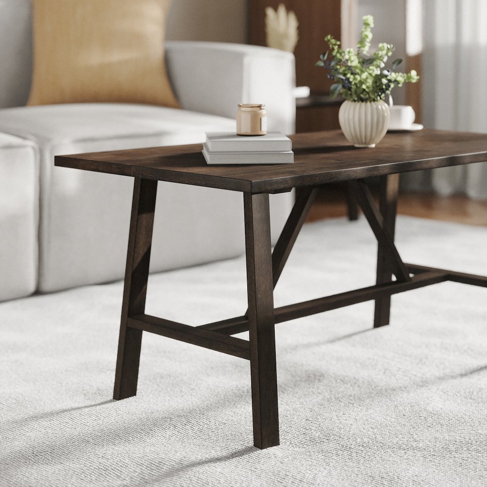 Eli Solid Wood Farmhouse Coffee Table, Trestle Style Accent Table in Dark Gray