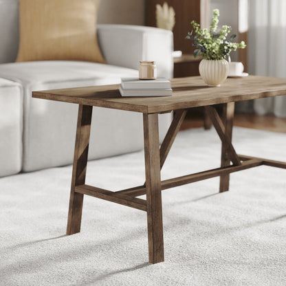 Solid Wood Farmhouse Coffee Table, Trestle Style Accent Table in Rustic Brown