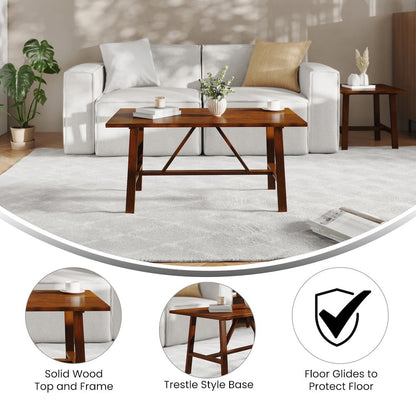 Eli Solid Wood Farmhouse Coffee Table, Trestle Style Accent Table in Walnut