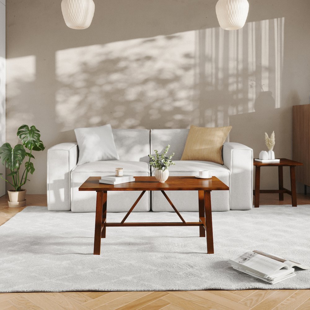Eli Solid Wood Farmhouse Coffee Table, Trestle Style Accent Table in Walnut