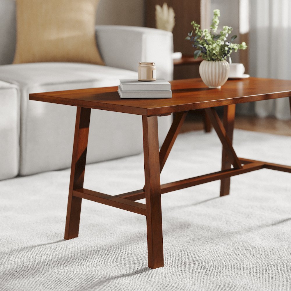 Eli Solid Wood Farmhouse Coffee Table, Trestle Style Accent Table in Walnut