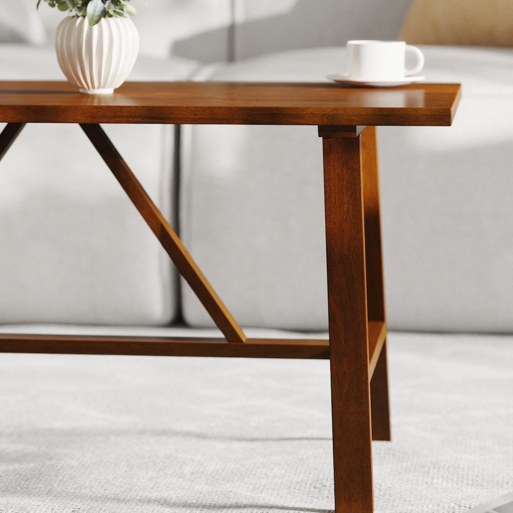 Eli Solid Wood Farmhouse Coffee Table, Trestle Style Accent Table in Walnut