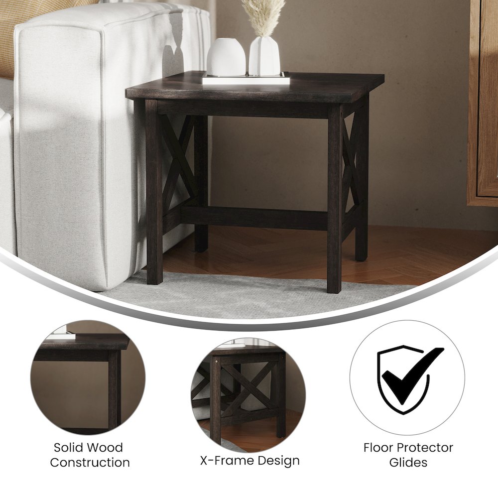 Farmhouse Style Solid Wood End Table with Traditional X-Frame Design, Dark Gray