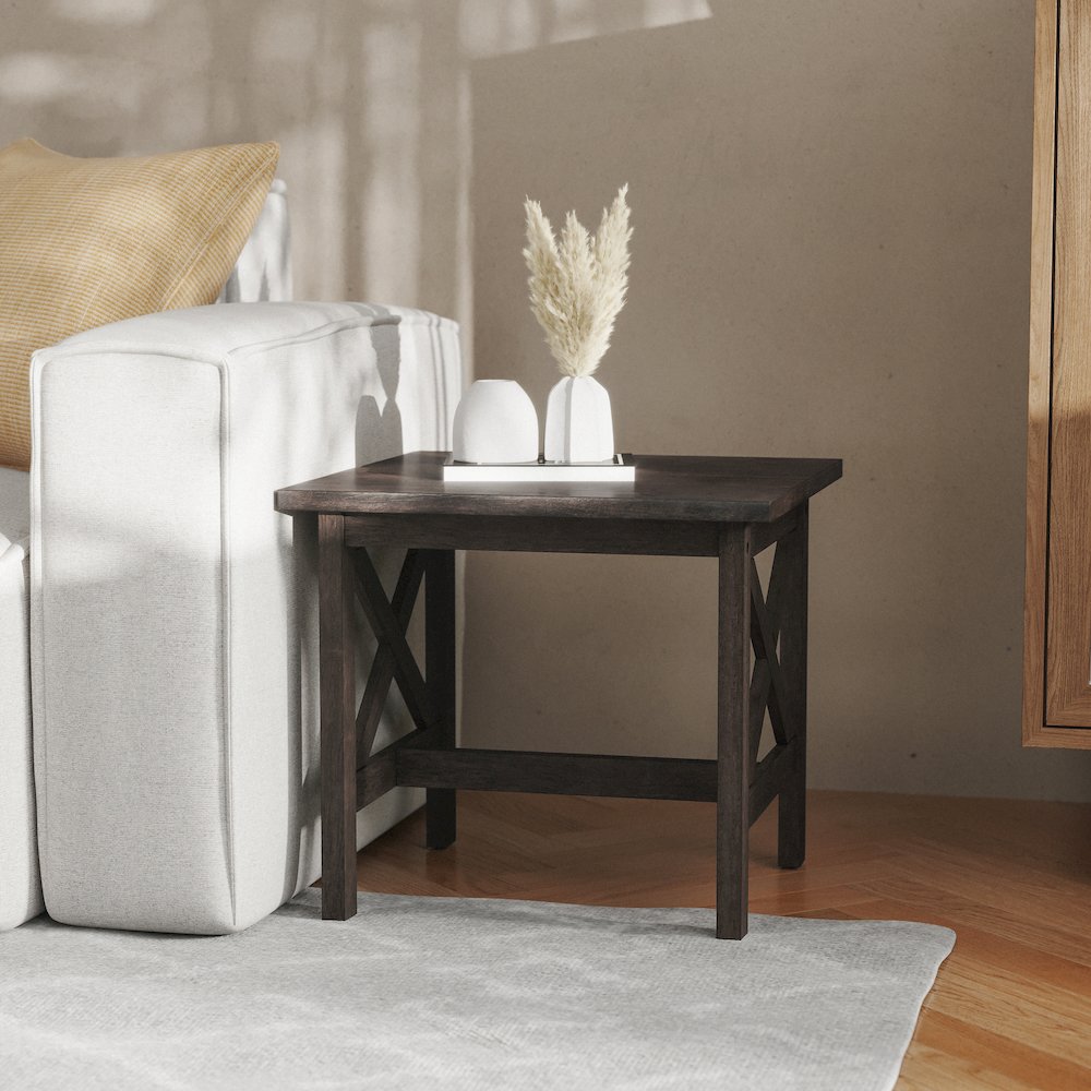 Farmhouse Style Solid Wood End Table with Traditional X-Frame Design, Dark Gray