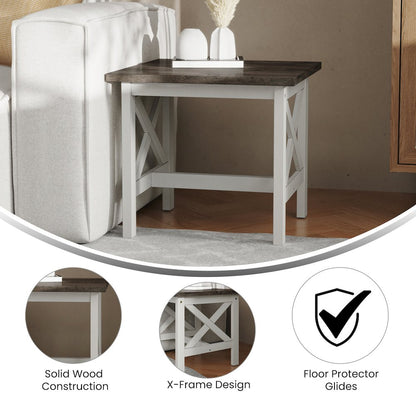 End Table with X-Frame Design, Acacia Gray Top/Rustic White Frame