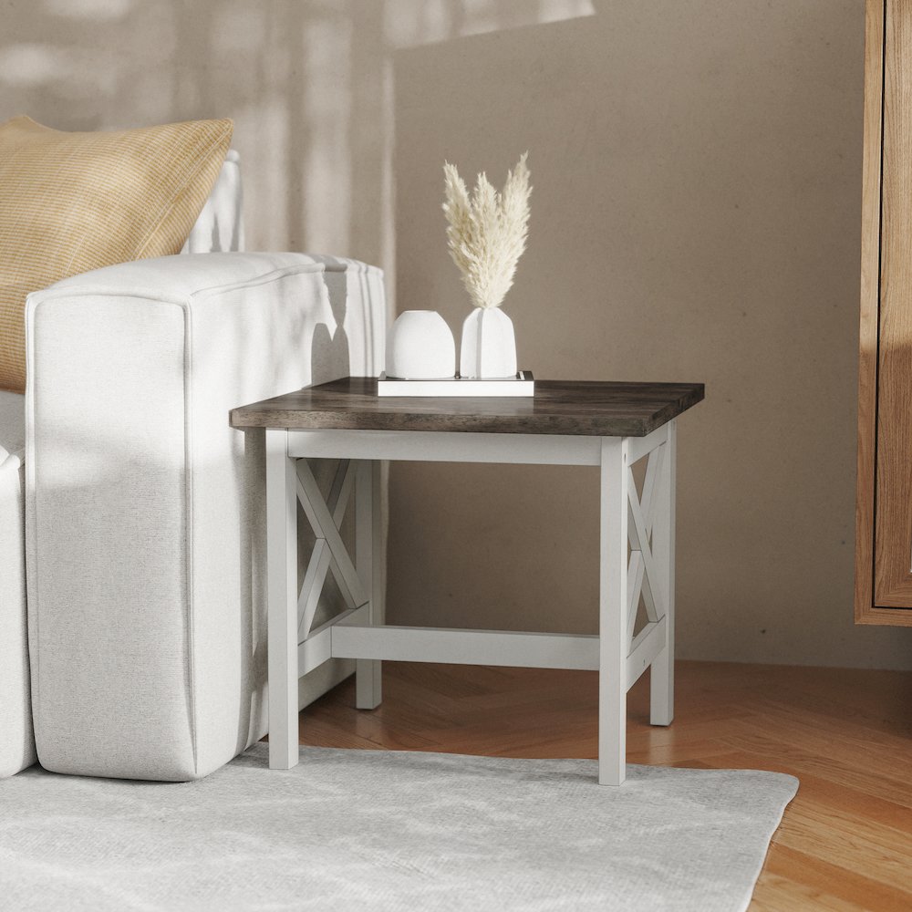 End Table with X-Frame Design, Acacia Gray Top/Rustic White Frame