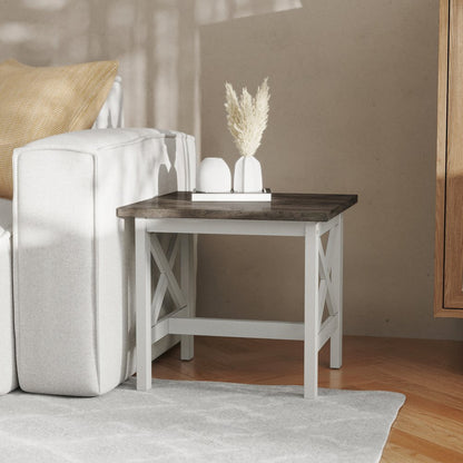 End Table with X-Frame Design, Acacia Gray Top/Rustic White Frame