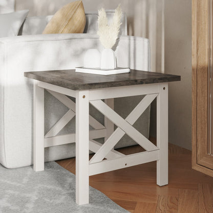 End Table with X-Frame Design, Acacia Gray Top/Rustic White Frame