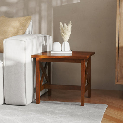 Farmhouse Style Solid Wood End Table with Traditional X-Frame Design in Walnut