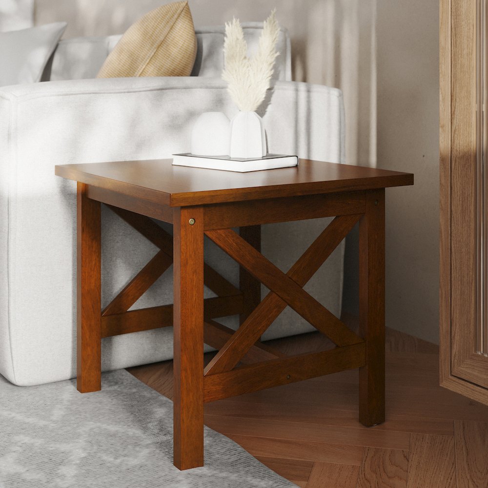 Farmhouse Style Solid Wood End Table with Traditional X-Frame Design in Walnut