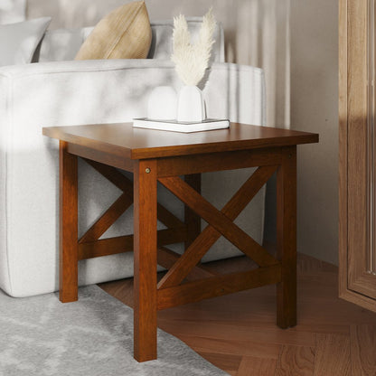 Farmhouse Style Solid Wood End Table with Traditional X-Frame Design in Walnut