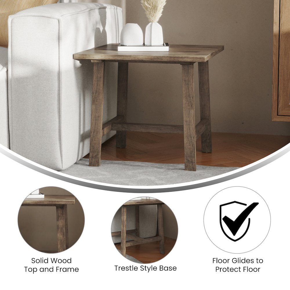Eli Solid Wood Farmhouse End Table, Trestle Style Accent Table in Rustic Brown